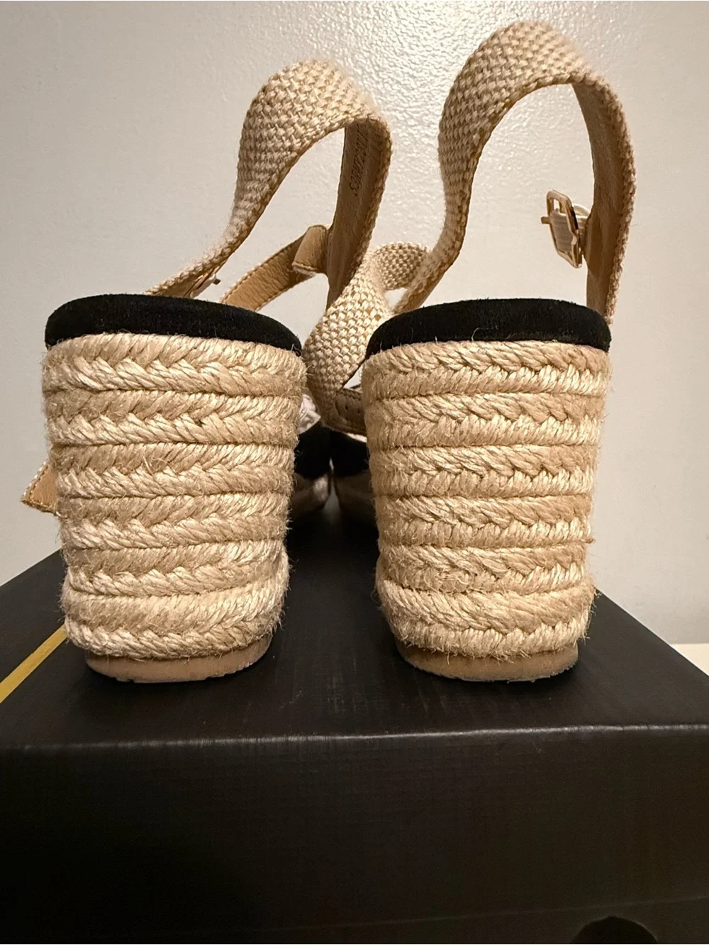 IDIFU Black and Beige Espadrille Wedge Sandals with Ankle Strap